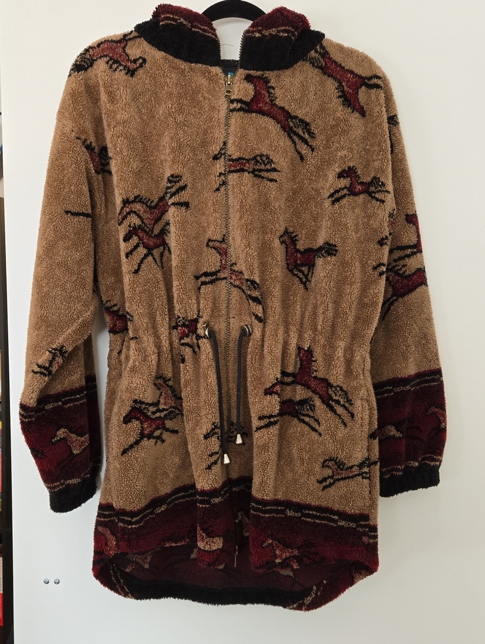 Vintage Fleece Jacket with Horse Print - Brown & Maroon